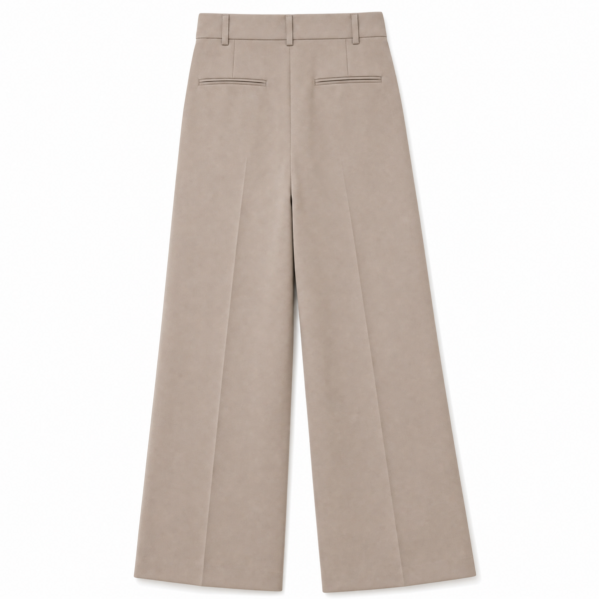 A pair of high-waisted, wide-leg trousers in a light taupe-beige color, shown from the back on a clean white background.