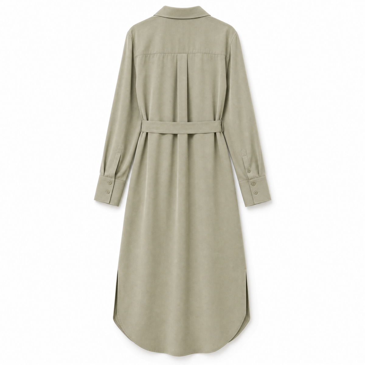A light beige long-sleeve midi shirt dress with a matching waist belt, shown from the back on a plain white background.