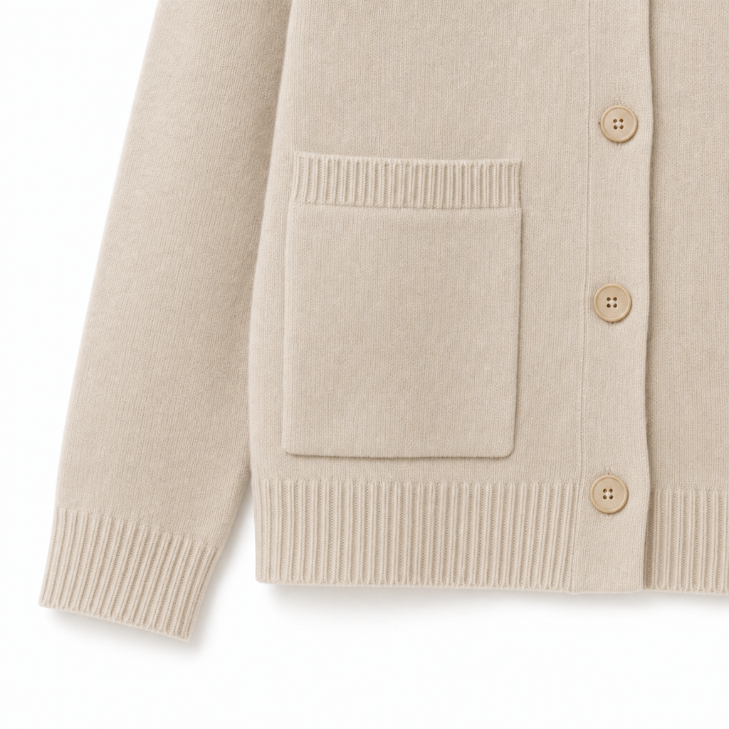 Close-up of a beige knit cardigan sweater showing a front pocket, ribbed cuffs and hem, and three matching buttons on a white background.