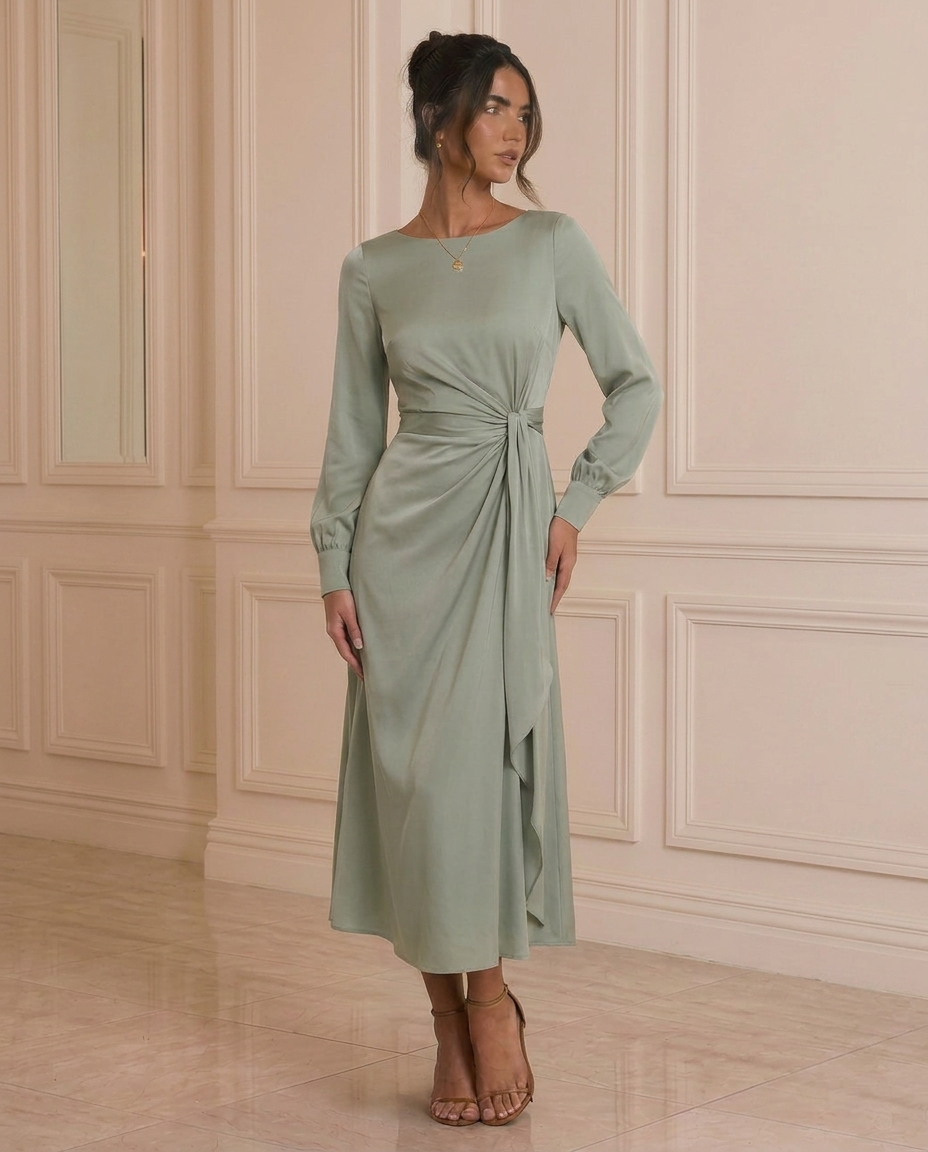Front view of the Romance Story long sleeve midi dress