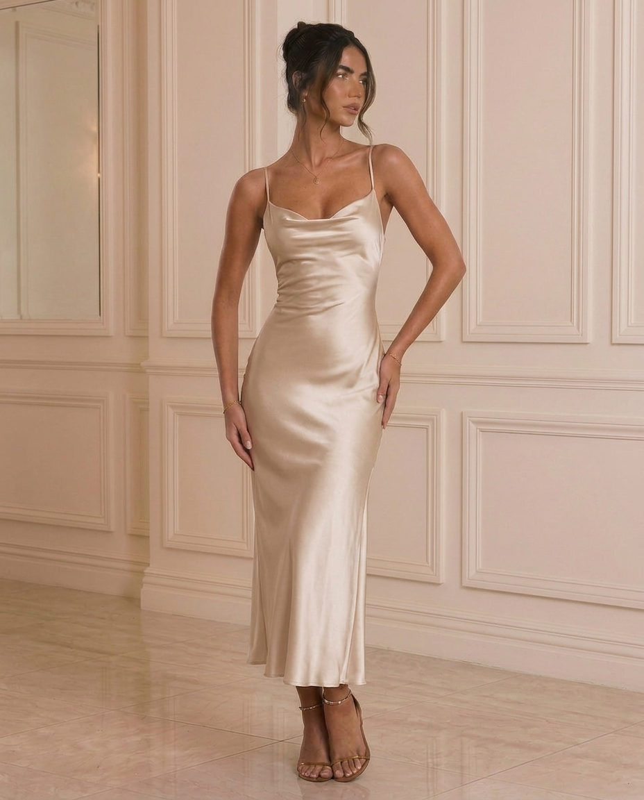 Front view of the Serving Looks satin slip midi dress